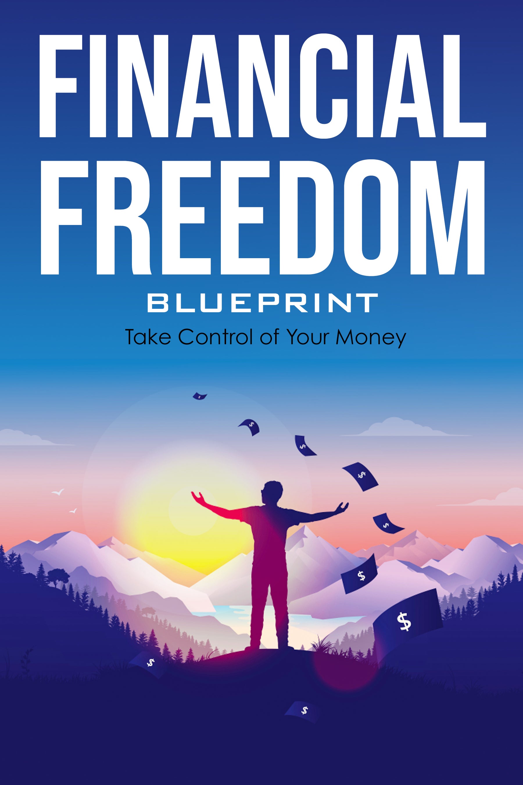 Book cover of 'Financial Freedom Blueprint: Take Control of Your Money' with a person standing on a mountain top with money symbols.
