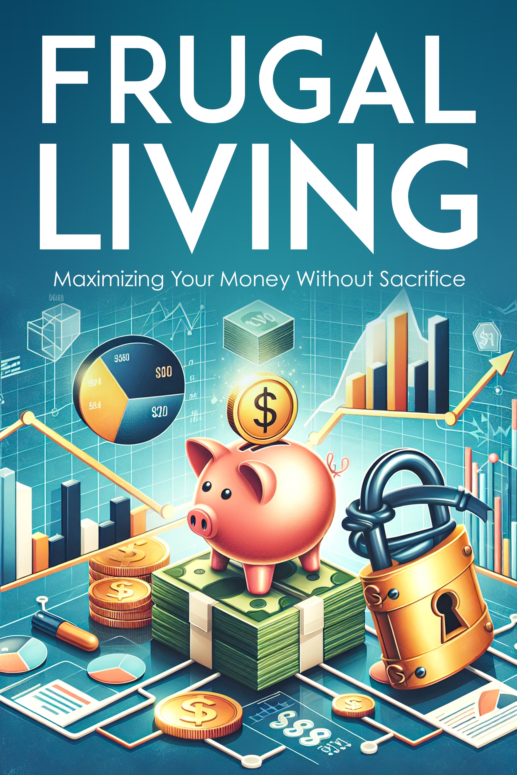 Book cover of 'Frugal Living: Maximizing Your Money Without Sacrifice' with a piggy bank, money, and charts.