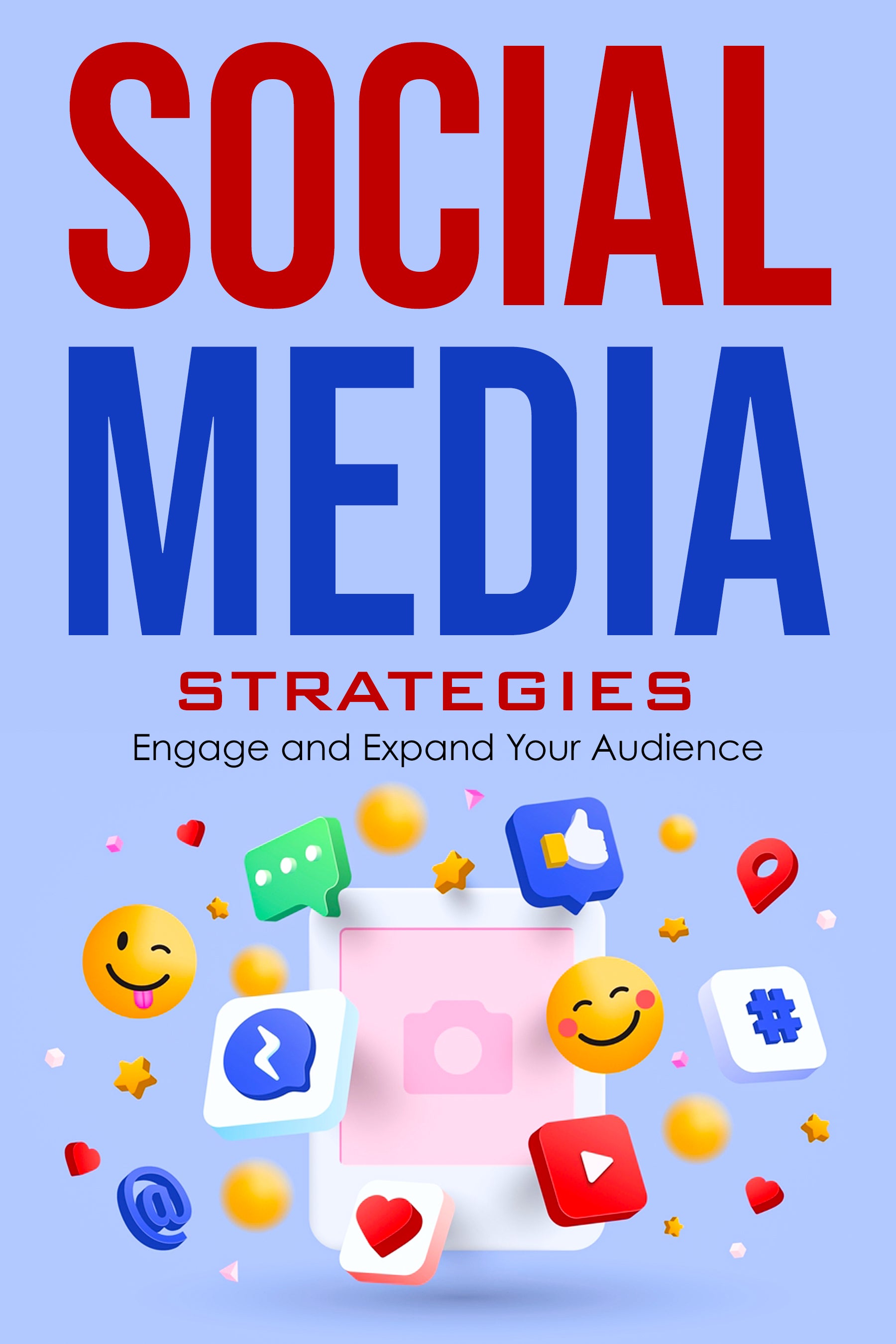 eBook cover of 'Social Media Strategies' with colorful icons on a blue background