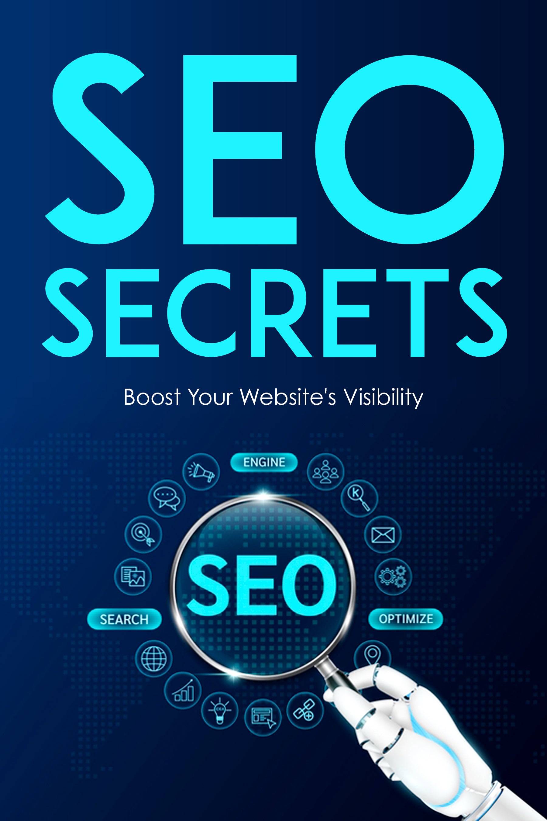 eBook cover of 'SEO Secrets' with a magnifying glass and SEO-related icons on a dark blue background.