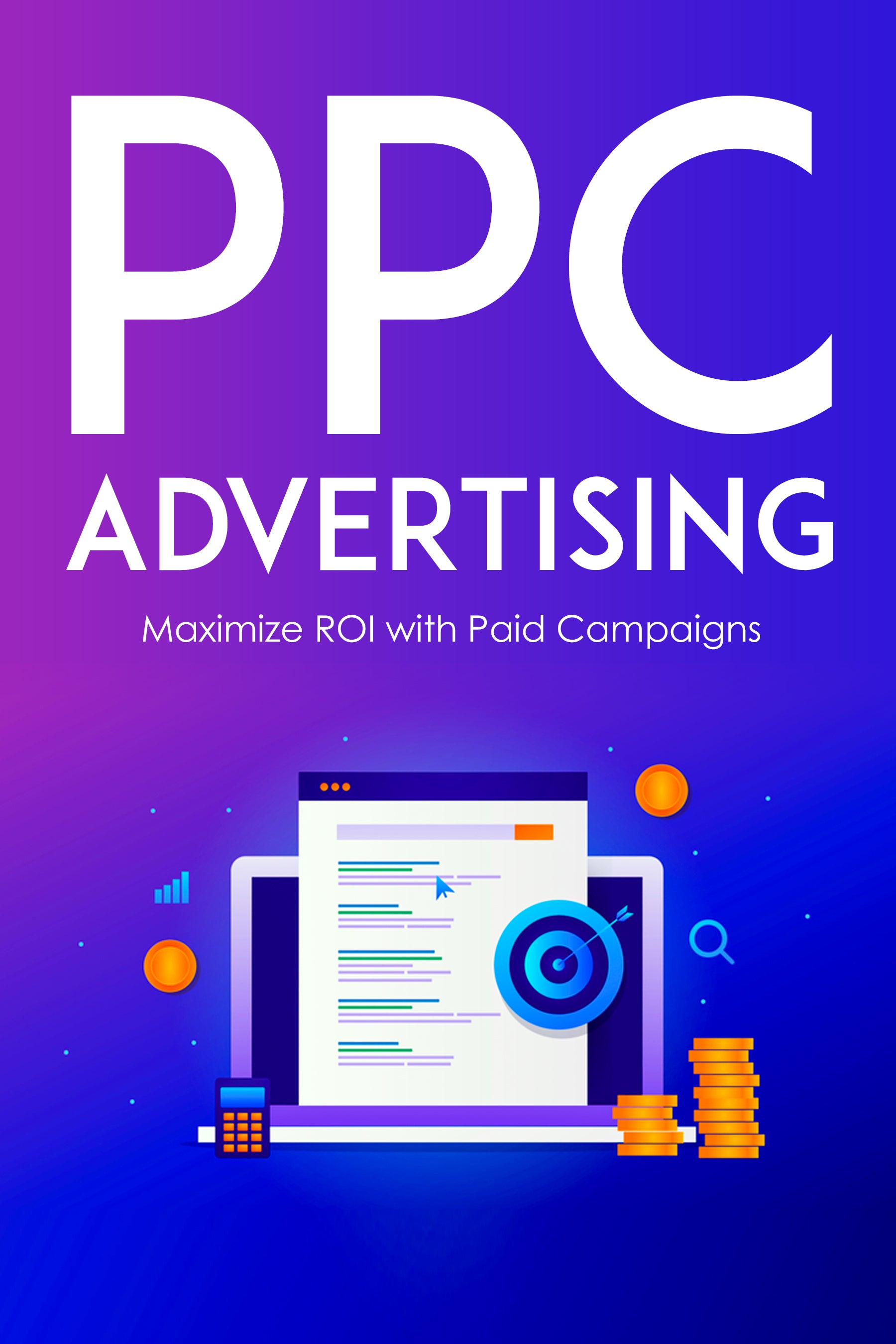  PPC Advertising ebook cover with a laptop and money icons on a purple background