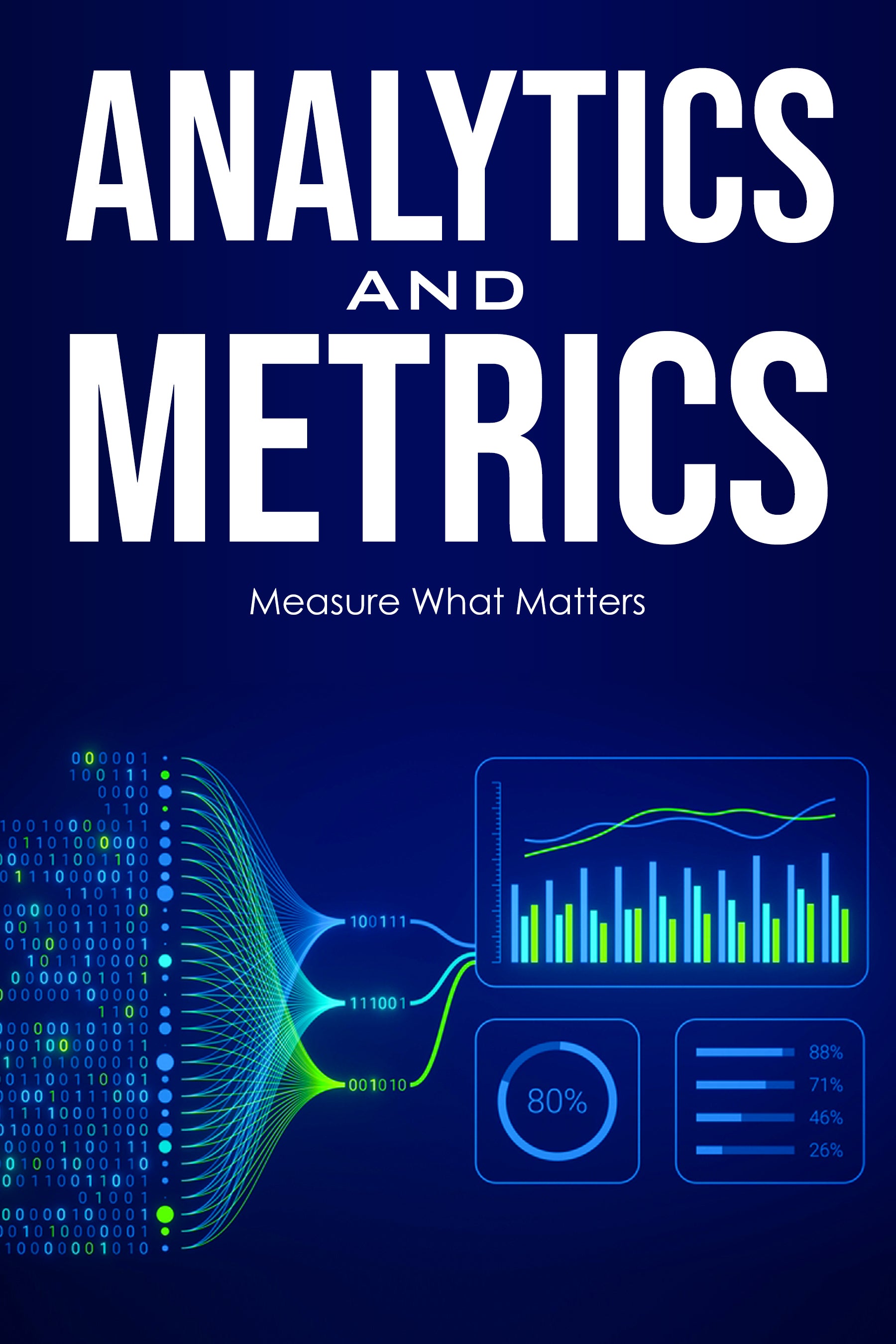 eBook cover of 'Analytics and Metrics: Measure What Matters' with a blue background and digital graphics.