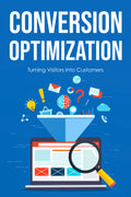 eBook cover of 'Conversion Optimization' with a laptop, magnifying glass, and various icons on a blue background.