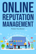 Book cover of 'Online Reputation Management' with people around a computer screen on a blue background.