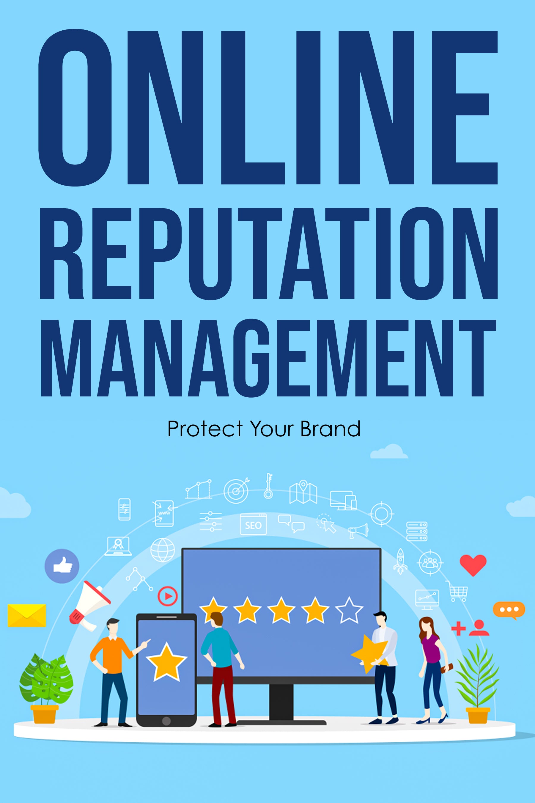 Book cover of 'Online Reputation Management' with people around a computer screen on a blue background.