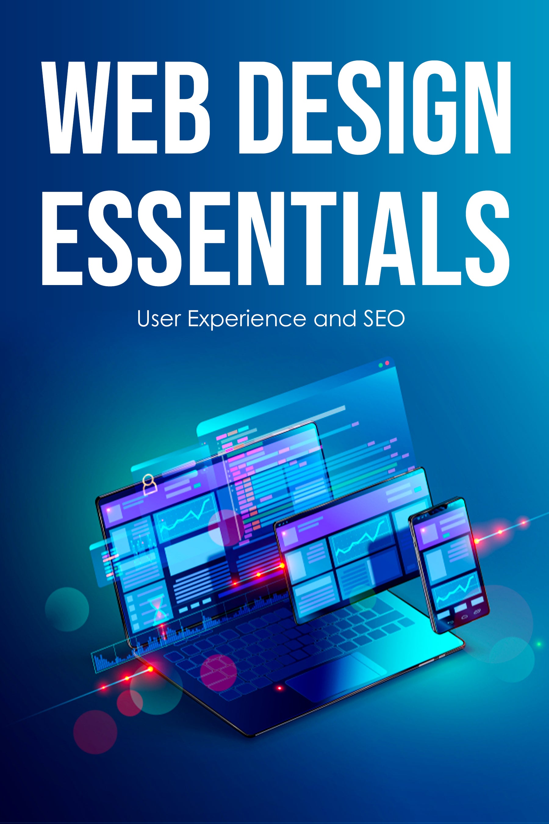eBook cover of 'Web Design Essentials' with a laptop and smartphone on a blue background
