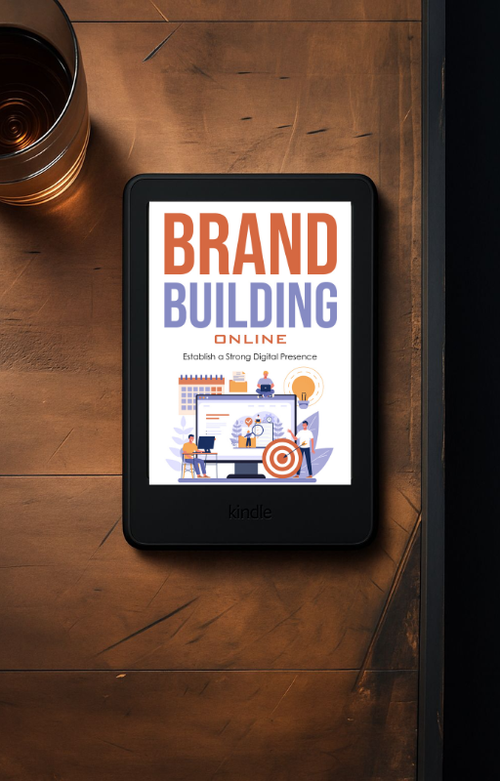 E-reader displaying 'Brand Building Online: Establish A Strong Digital Presence' on a wooden surface with a glass of water.