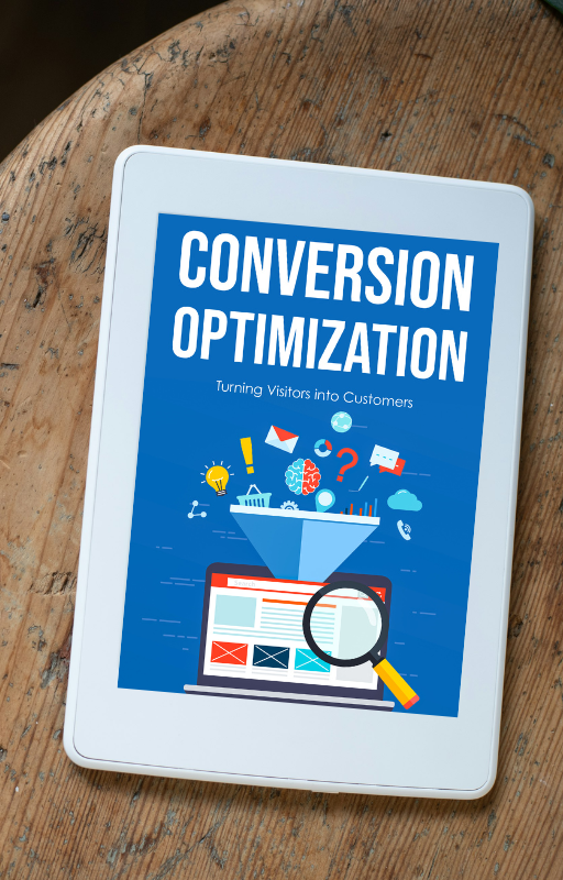 Tablet displaying a 'Conversion Optimization: Turning Visitors into Customers' eBook cover on a wooden table